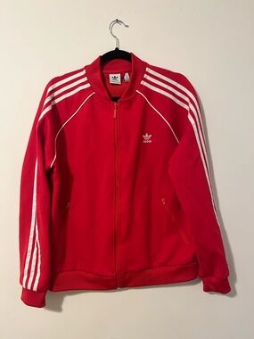 adidas Red Track Jacket with White Stripes and Trefoil